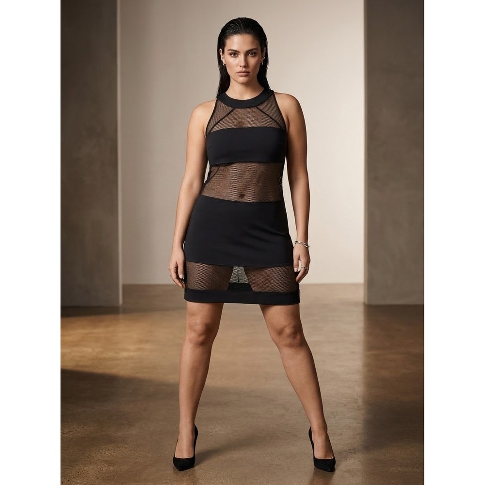 Wolford Black Mesh Panel Sleeveless Mini Dress XS 544027M Racerback Sheer Opaque
